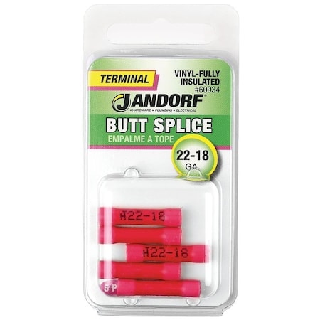 Jandorf Butt Splice Connector, 22 to 18 AWG Wire, Vinyl Insulation, Copper Contact, Red, 5PK 60934