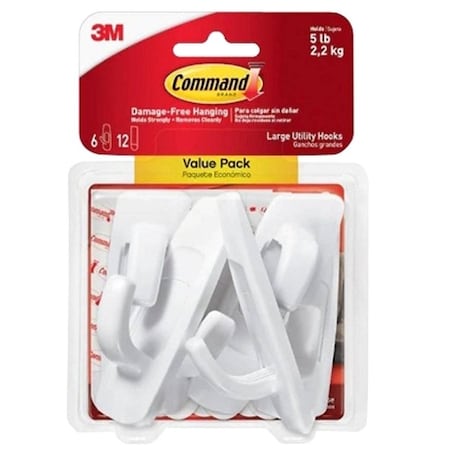 Command Large Hook, 5 lb, 1-Hook, Plastic, White 17003-6ES