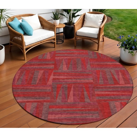 Homeroots 8' Red And Brown Round Geometric Washable Indoor Outdoor Area Rug 598300