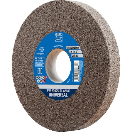 Pferd PFERD Vitrified Bench Wheel, UNIVERSAL, 8" x 1 x 2, 80 Grit, Aluminum Oxide 61767