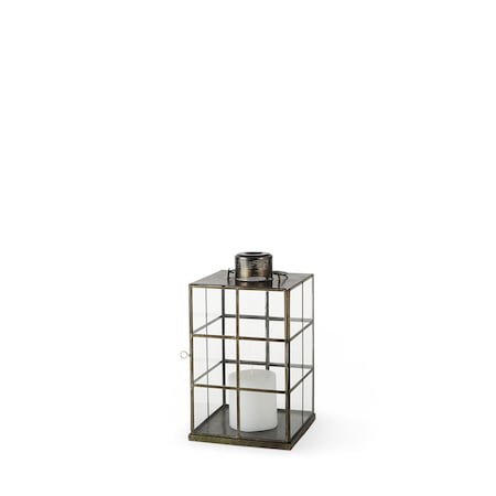 Homeroots 15" Gold Distressed Geometric Metal And Glass Tabletop Lantern Candle Holder 609336