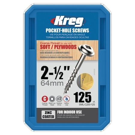 Kreg Pocket-Hole Screw, No 8 Thread, 2-1/2 in L, Coarse Thread, Maxi-Loc Head, Square Drive, Steel, Zinc SML-C250-125