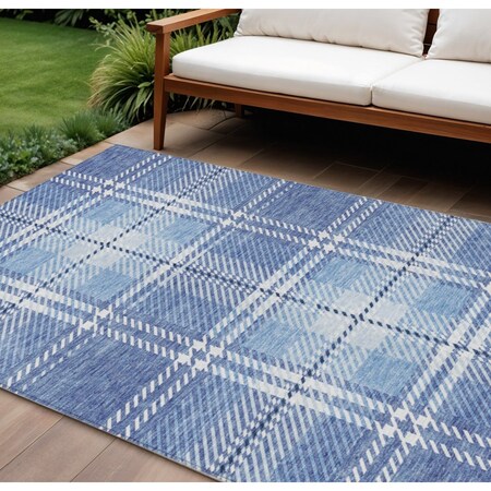 Homeroots 9' X 12' Denim Blue And Ivory Plaid Washable Indoor Outdoor Area Rug 596331