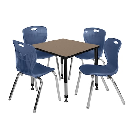 Regency Square Kee Adjustable Classroom Table W/ 4 Andy Stack Chairs, 30 in W, 30 in L, Noble Oak TB3030NOAPBK40NV
