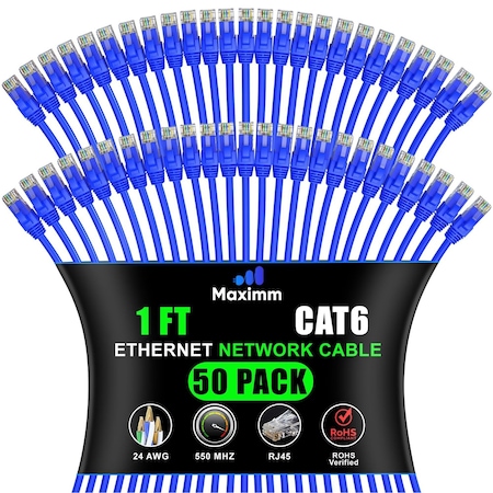 Maximm Cat6 Ethernet Cable 1ft 10Gbps 550MHz UTP, 50PK, Blue, 50PK BL50PK02