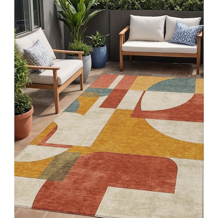 Homeroots 5' X 8' Coral Gold And Ivory Geometric Washable Indoor Outdoor Area Rug 617903