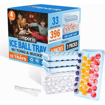 Emporio Kitchen Round Ice Cube Tray Set, 396 Ice Balls, Stackable, Easy-Release, with Lid and Bin, Blue, 4PK EMPICET77