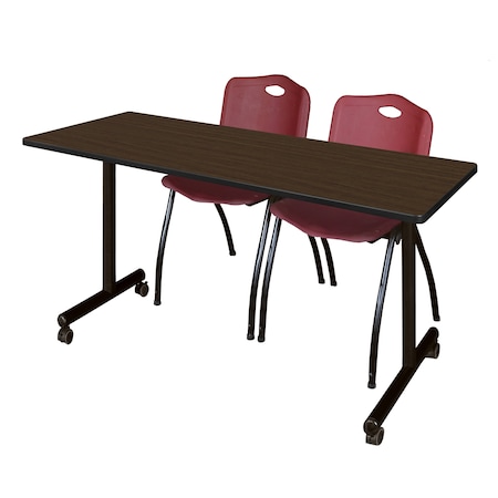Regency Kobe Mobile T-Base Training Table W/ 2 M Stack Chairs, 66 in W, 24 in L, Neo Walnut MKTRCC6624NW47BY