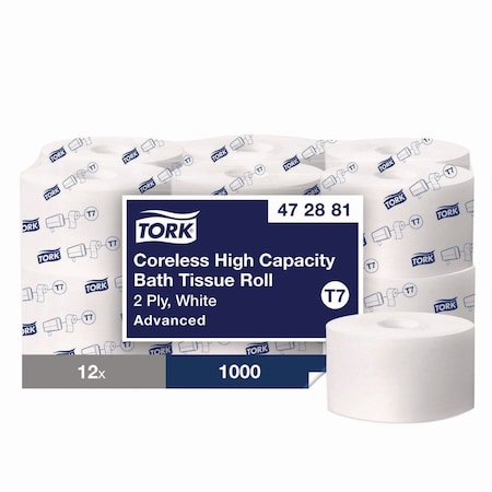 Tork Advanced Coreless High Capacity Bath Tissue, 2-Ply, White, 1,000 Sheets/Roll, 12PK 472881