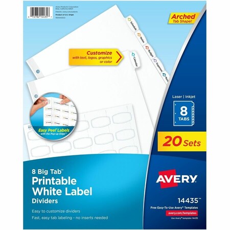 Avery Dennison Avery, BIG TAB PRINTABLE WHITE LABEL TAB DIVIDERS, 8-TAB, LETTER, 20PK 14435