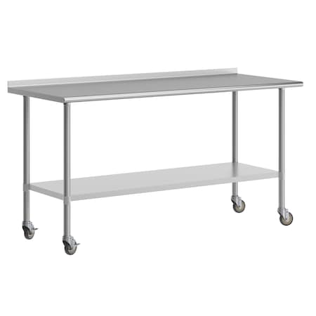 Flash Furniture Reader Work Table, Stainless Steel Top Shelf, 1.5in. Backsplash, Undershelf, 4 Casters, 2 Locking NH-WT-3072BSP-CAS-GG