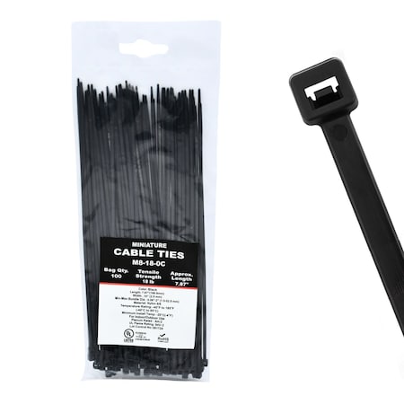 Cable Ties Unlimited Cable Tie, 8 in L, 18 lb Strength, 2.2 in Max Bundle Dia, Nylon 6/6, UV Resistant, Black, 100PK M8-18-0C