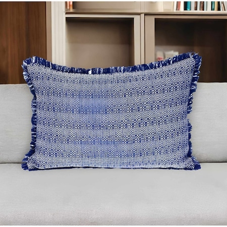 Homeroots 14" X 20" Blue and White Striped Cotton Throw Pillow With Fringe 529342