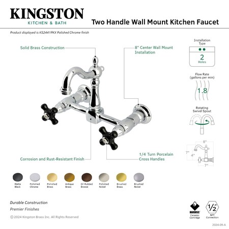 Kingston Brass Two-Handle Wall Mount Bridge Kitchen Faucet, Matte Black KS2440PKX