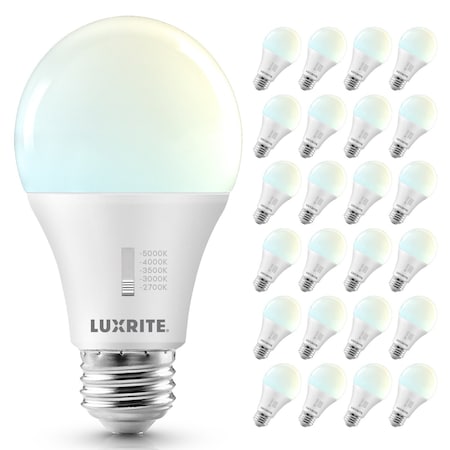 Luxrite A19 LED Light Bulb 100 Watt Equivalent, CRI90, 5CCT Selectable 2700K 3000K 3500K 4000K, 24PK LR21480