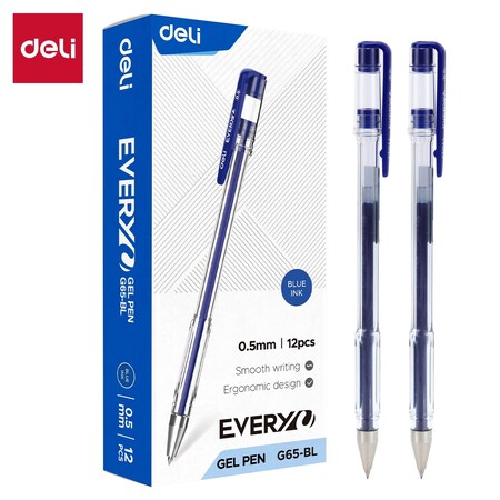 Deli EveryU Gel Pen 0.5mm, Blue Ink, Capped, 12PK EG65-BL