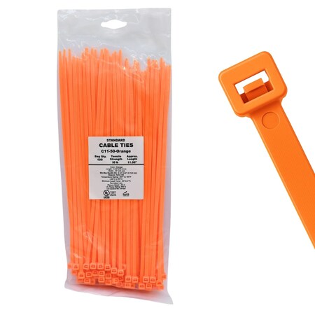 Cable Ties Unlimited Cable Tie, 11 in L, 50 lb Strength, 3.2 in Max Bundle Dia, Nylon 6/6, Orange 100PK   C11-50-Orange