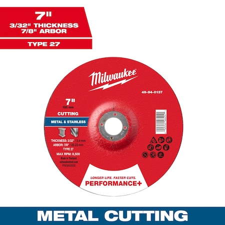 Milwaukee Tool Cut-Off Wheel, 7/8" Sz, 7" dia. 49-94-0137