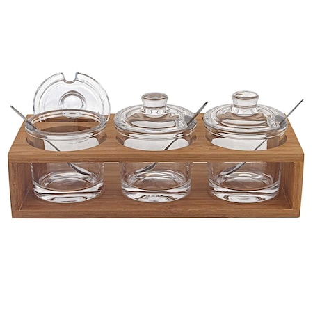 Homeroots 6 Mouth Blown Crystal Jam Set With 3 Glass Jars And Spoons On A Wood Stand 375725