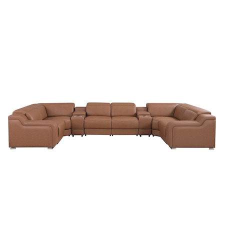 Homeroots Chestnut Italian Leather Power Reclining U Shaped Eight Piece Corner Sectional With Console 632563