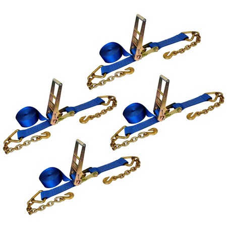 Tie 4 Safe 3'' x 30' Ratchet Strap w/ Chain Extension. WLL: 5,400 LBS Blue, 4PK RT20R-1530-F87-BU-C-4