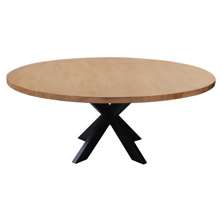 Homeroots 60" Natural And Black Rounded Solid Wood And Iron Pedestal Base Dining Table 563916