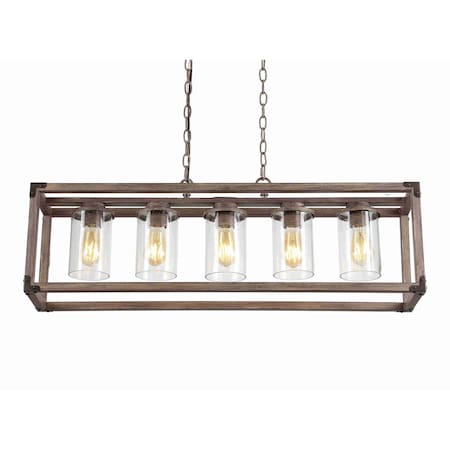 Jonathan Y Zeniba 36" 5-Light Linear Adjustable Iron/Seeded Glass Rustic Farmhouse LED Pendant, Brown JYL7478A