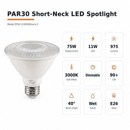 Euri Lighting PAR30 LED Bulbs, 11W, 975 lm, 75W Eq., 3000K, E26, Dimmable, CEC/JA8/UL, 2PK EP30-11W5000cecs-2