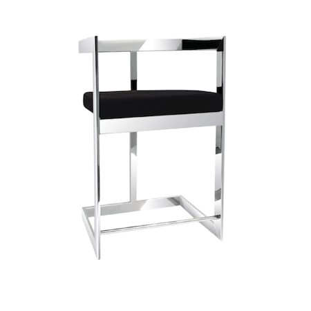 Homeroots 30" Black and Silver Velvet and Stainless Steel Low Back Bar Height Bar Chair 555070