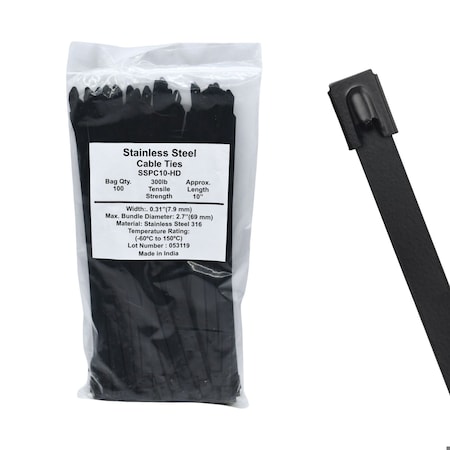 Cable Ties Unlimited Cable Tie, 10 in L, 300 lb Strength, 2.6 in Max Bundle Dia, Coated 316 Stainless Steel, Black, 100PK SSPCoated10-HD