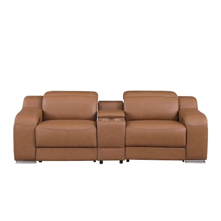 Homeroots 89in Cognac and Silver Italian Leather Power Reclining Loveseat With Storage 633759