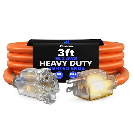 Maximm 3ft Lighted Outlet Saver Extension Cord, Orange 1OUT-EXT-OR-LITEND-3FT