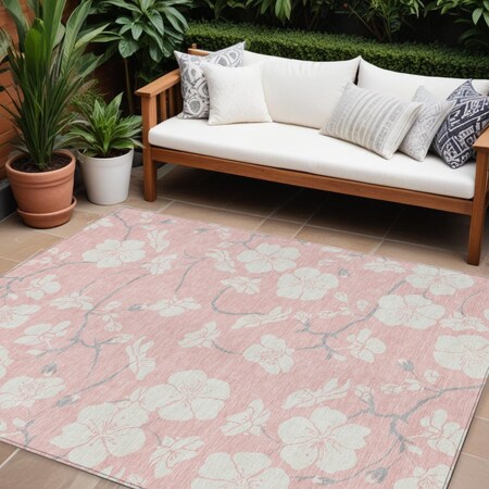 9' X 12' Pink Ivory And Gray Floral Washable Indoor Outdoor Area Rug