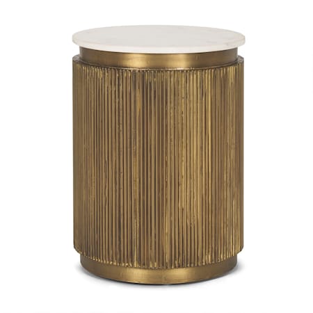 Homeroots 22" White and Gold Stone and Brass Round Block End Table 605400