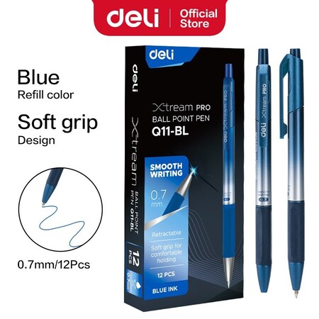 Deli Xtream Pro Retractable Ballpoint 0.7mm, Blue Ink, Soft Grip, 12PK EQ11-BL