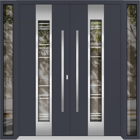 Vdomdoors Aluminum Double Doors Deux 5755 Gray Graphite Clear Glass 2 Sidelights Entry Modern Painted 104x96 DEUX5755DEXD-GRE-W16+72+16xH96-LH-I