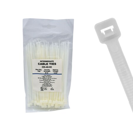 Cable Ties Unlimited Cable Tie, 5.5 in L, 40 lb Strength, 1.1 in Max Bundle Dia, Nylon 6/6, Natural, 100PK I55-40-9C