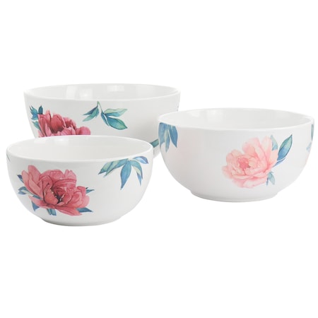 Martha Stewart 3 Piece Fine Ceramic Floral Bowl Set in White 128868.03