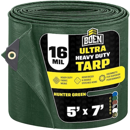 Boen Ultra Heavy Duty Tarp, 5 ft x 7 ft, 16 Mil, Green, Polyethylene HGT-57