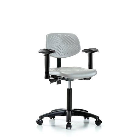 Blue Ridge Ergonomics Polyurethane Chair - Medium Bench Height with Adjustable Arms & Casters in Gray Polyurethane PMBCH-RG-T0-A1-NF-RC-GRY