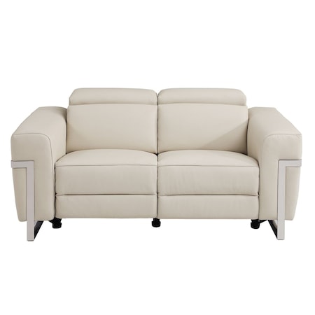 Homeroots 65in Cream and Silver Italian Leather Power Reclining Loveseat 720522