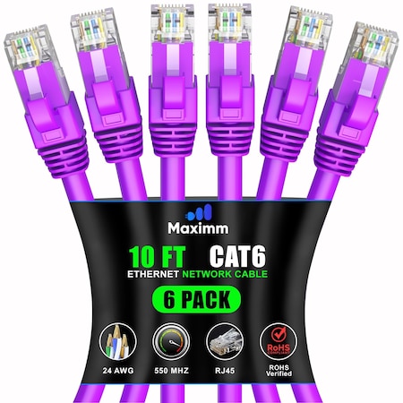Maximm Cat6 Ethernet Cable 10ft 10Gbps 550MHz UTP, 6PK, Purple, 6PK CAT6CCA-10PU-6PK