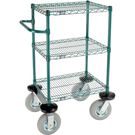 Global Industrial Nexel, 3 Shelf, Push Cart, Poly-Green, 24"W x 18"D x 43"H, Pneumatic Casters, 2 Swivel, 2 Rigid B3055366