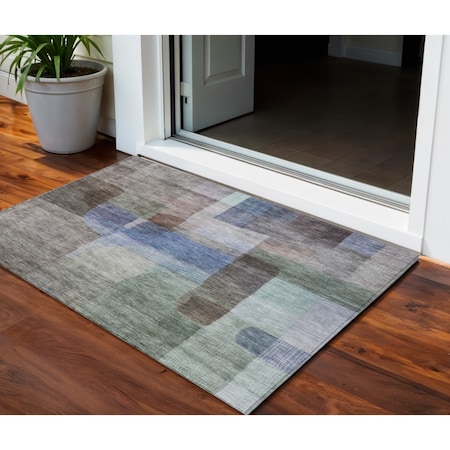 Homeroots 3' X 5' Brown Green And Blue Abstract Washable Indoor Outdoor Area Rug 604276