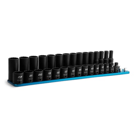 Capri Tools 3/8 in. Drive Shallow/Deep Impact Socket Set, 12-Pt, MM, 30-Pc w/ Blue Billet Aluminum Socket Rail CP53800-30MSDR