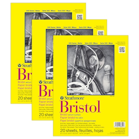Strathmore 300 Series Bristol Pad, Vellum Finish, Tape Binding, 20 Sheet, 9x12 inch, 3PK P342-109-03