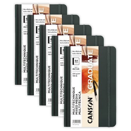 Canson Graduate Mixed Media Art Book, Toned Natural, Hard Cover Binding, 32 Sheet, 5.5x8.5 inch, 5PK C31200L034