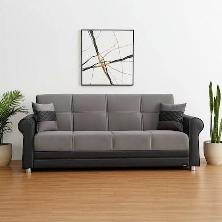 Homeroots 89" Gray Polyester Convertible Futon Sleeper Sofa And Toss Pillows With Storage 607111