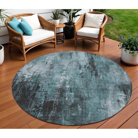 Homeroots 8' Teal Blue Gray And Ivory Round Abstract Washable Indoor Outdoor Area Rug 617670