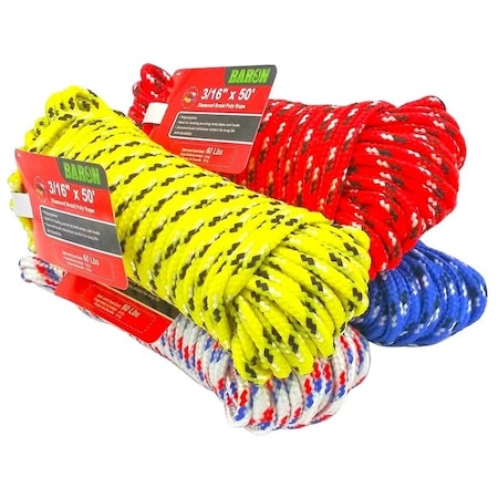 Baron Rope, 3/16 in Dia, 50 ft L, 244 lb Working Load, Polypropylene, Assorted 42607